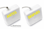 Cargador Apple MagSafe con cable dañado en la entrada comparado con el mismo cargador reparado en buen estado.