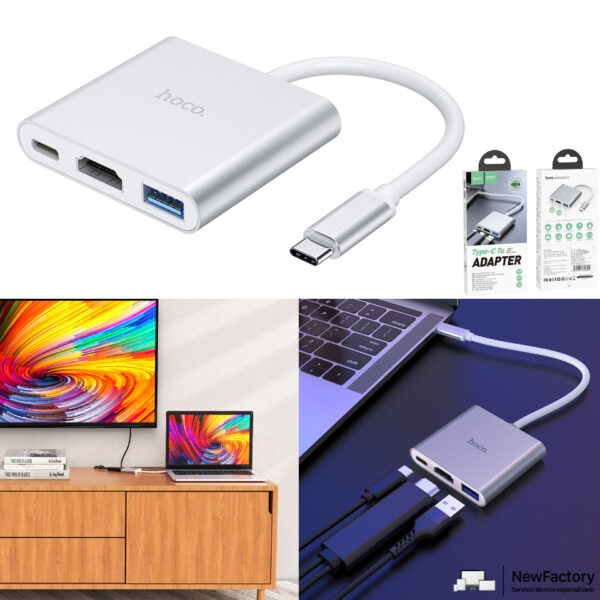 Hub USB-C 3 en 1 Usb, HDMI, PD tipo C - Hoco
